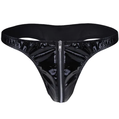 Zip Front Black Shiny Thong