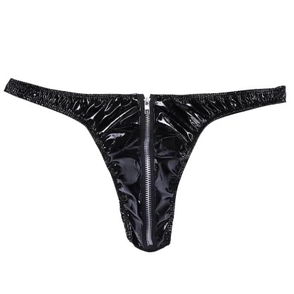 Zip Front Black Shiny Thong - Image 3